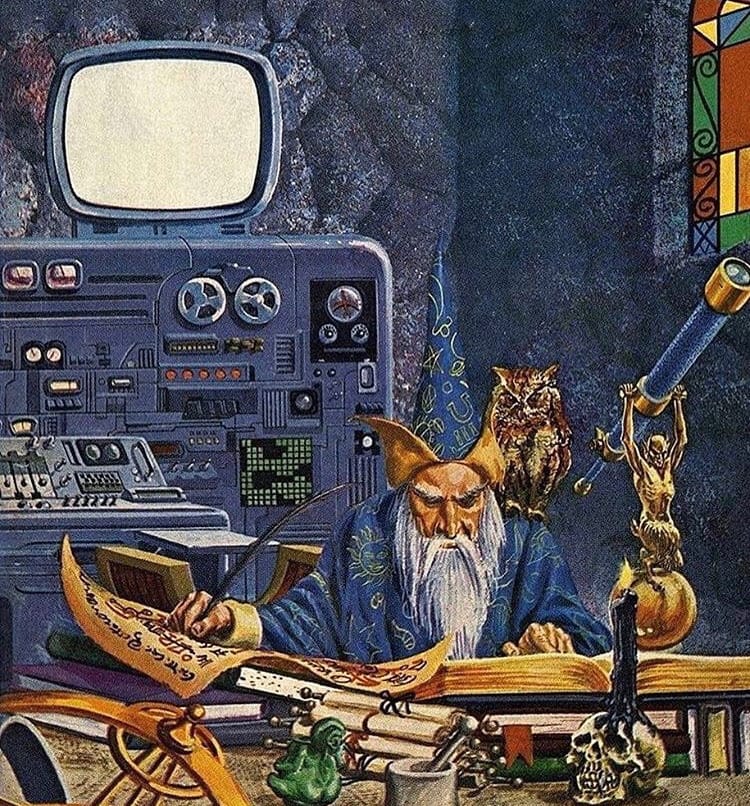 Illustration of an elderly wizard with a long white beard writing in a large spellbook while seated at a cluttered desk. Behind him is a vintage computer console with a CRT monitor.